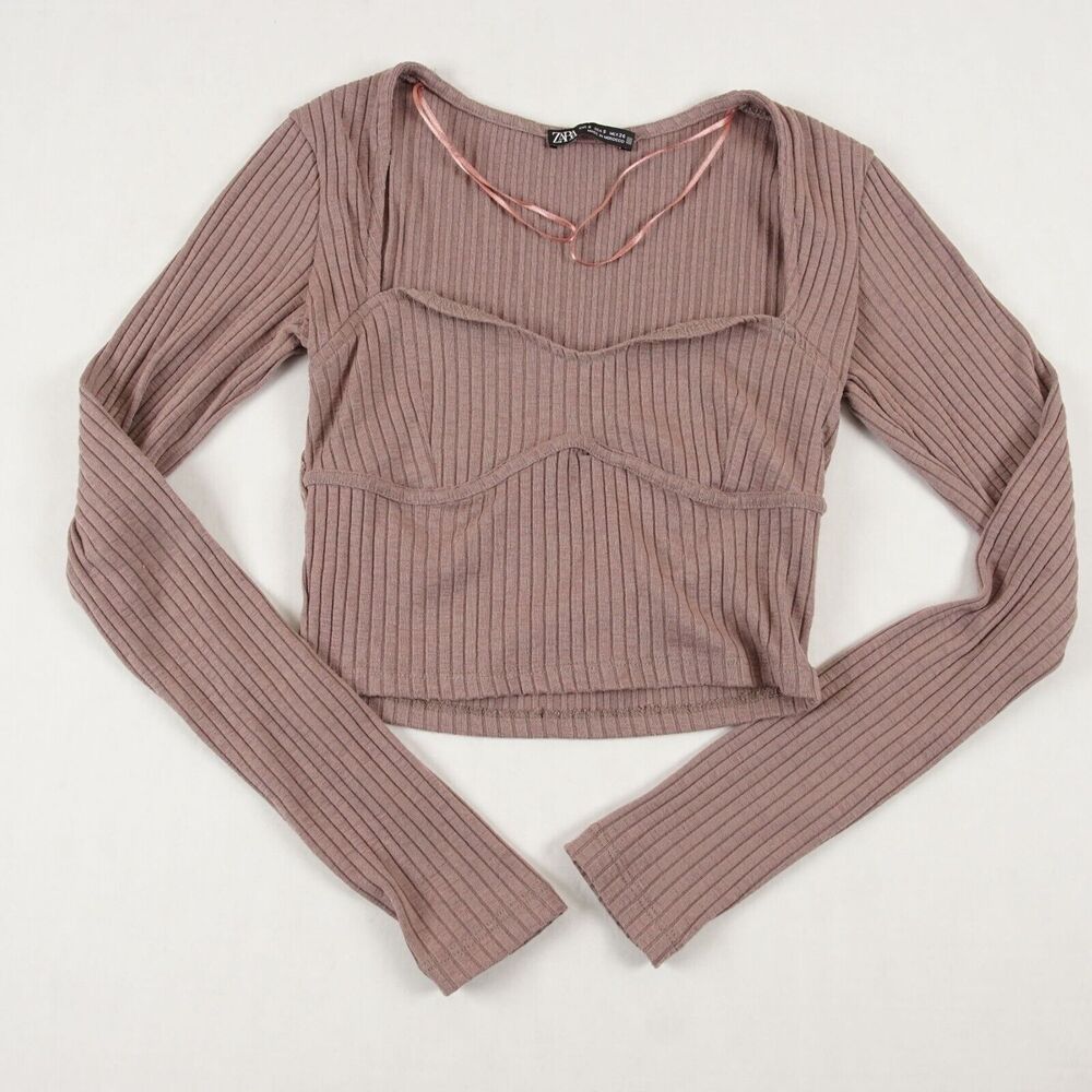 Zara Long Sleeve Brown Mauve Ribbed Long sleeve Crop Top Womens Sz S